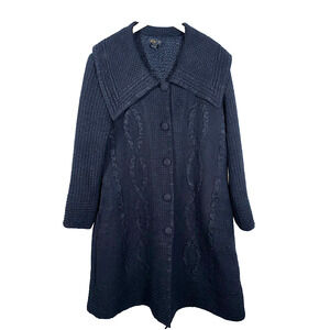 Jerry T Coat Womens L Black Crinkle 5 Button Large Collar Pockets Mid Length